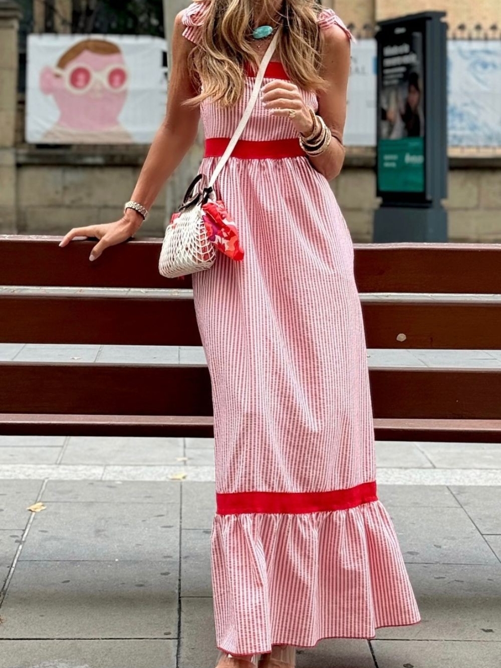Red & White Striped Maxi with Red Waist and Hem Bands